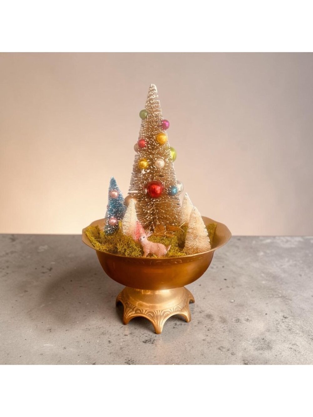 Vintage Brass Christmas Centerpiece with Bottle Brush Trees and Deer Mid-Century